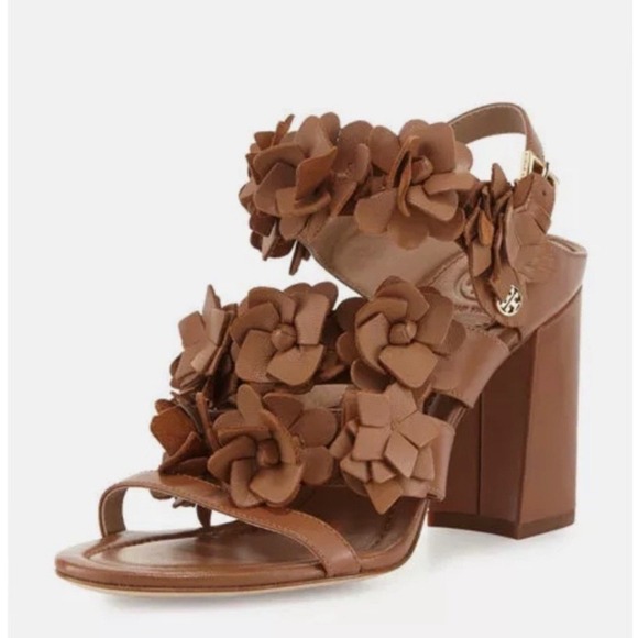 Tory Burch Women's Brown 65 mm Nappa Leather Blossom Heel Block Sandal 7.5M 350$ - Picture 1 of 16